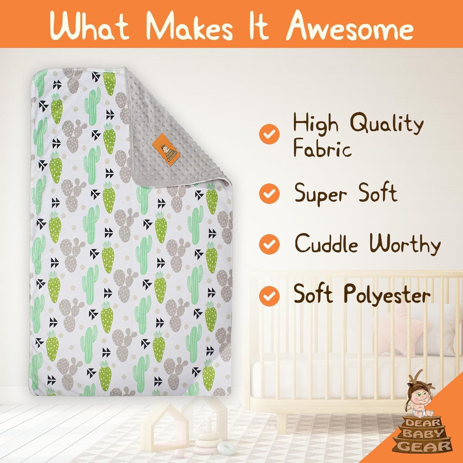 Dear Baby Gear Reversible Blanket - Soft 40x30 Cactus Dot