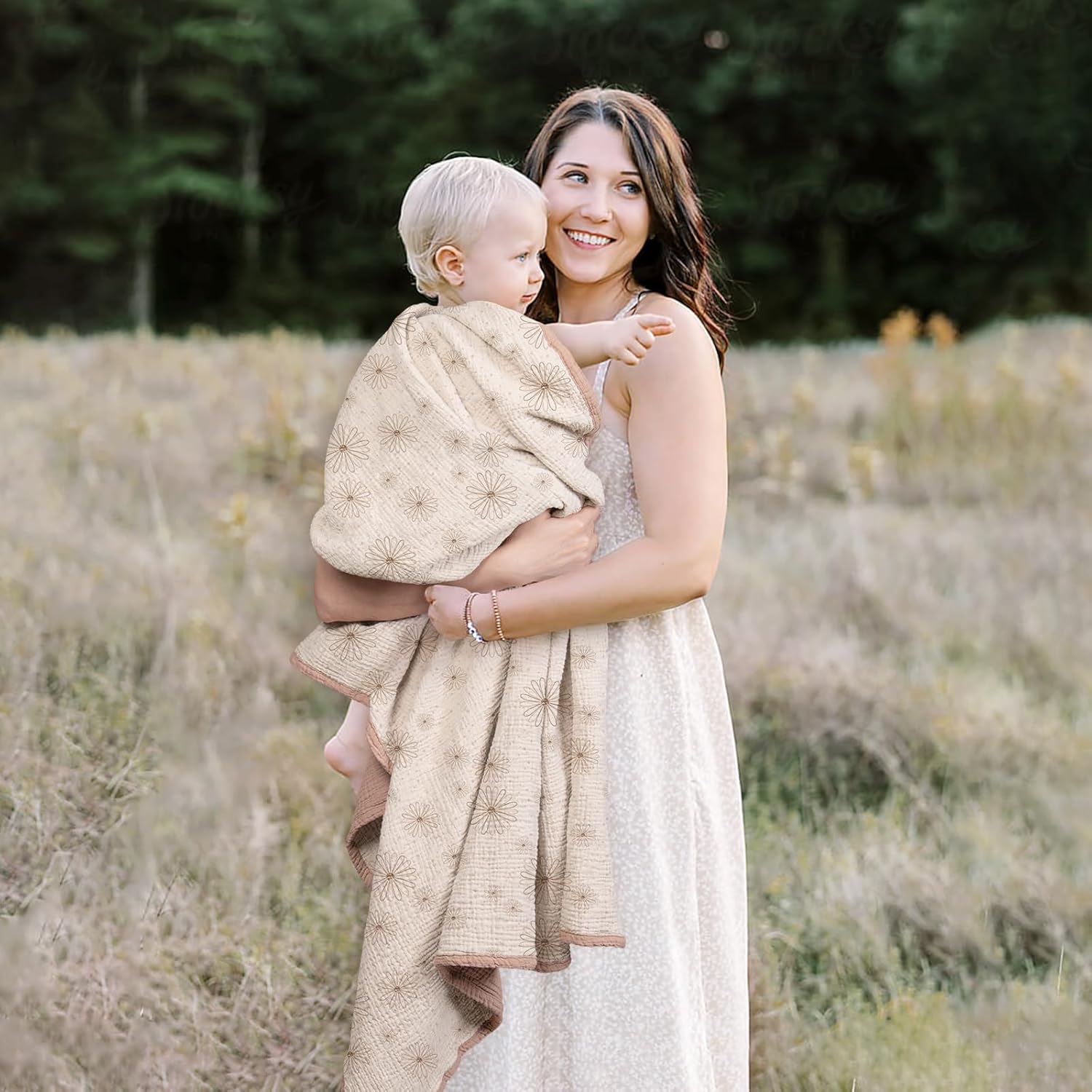 Lulu Moon Muslin Blanket Sand Daisy Print 47x47 Inches