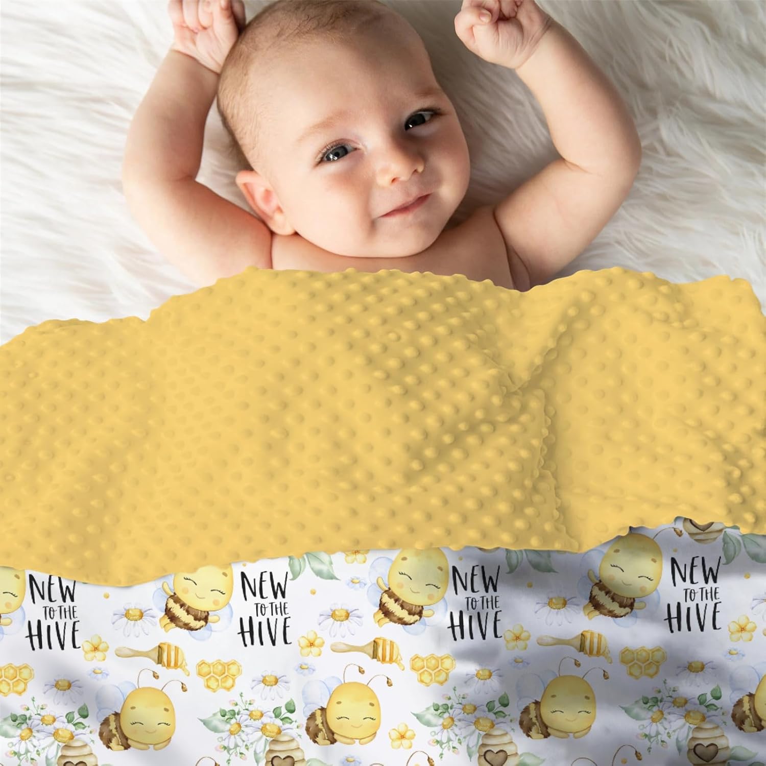 Mink Baby Blanket with Dotted Backing - Honey Bumble Bee Floral