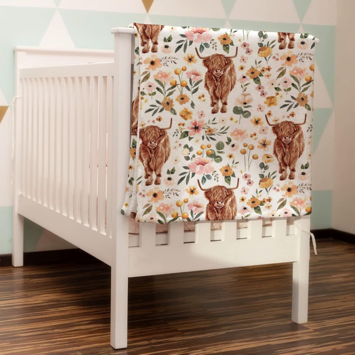 Boho Highland Cow Floral Baby Blanket for Kids