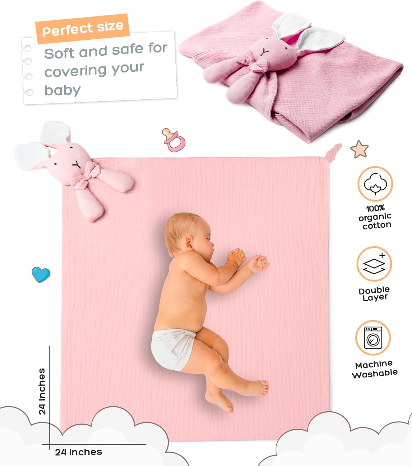 Baby Lovey Blanket with Plush Bunny - Soft Muslin 24x24 Inches