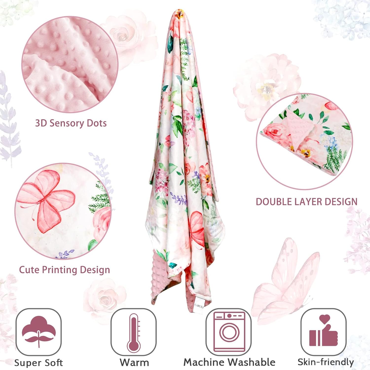 CARUILI Baby Blanket 30x40 Inches Minky Double Layer Pink Floral