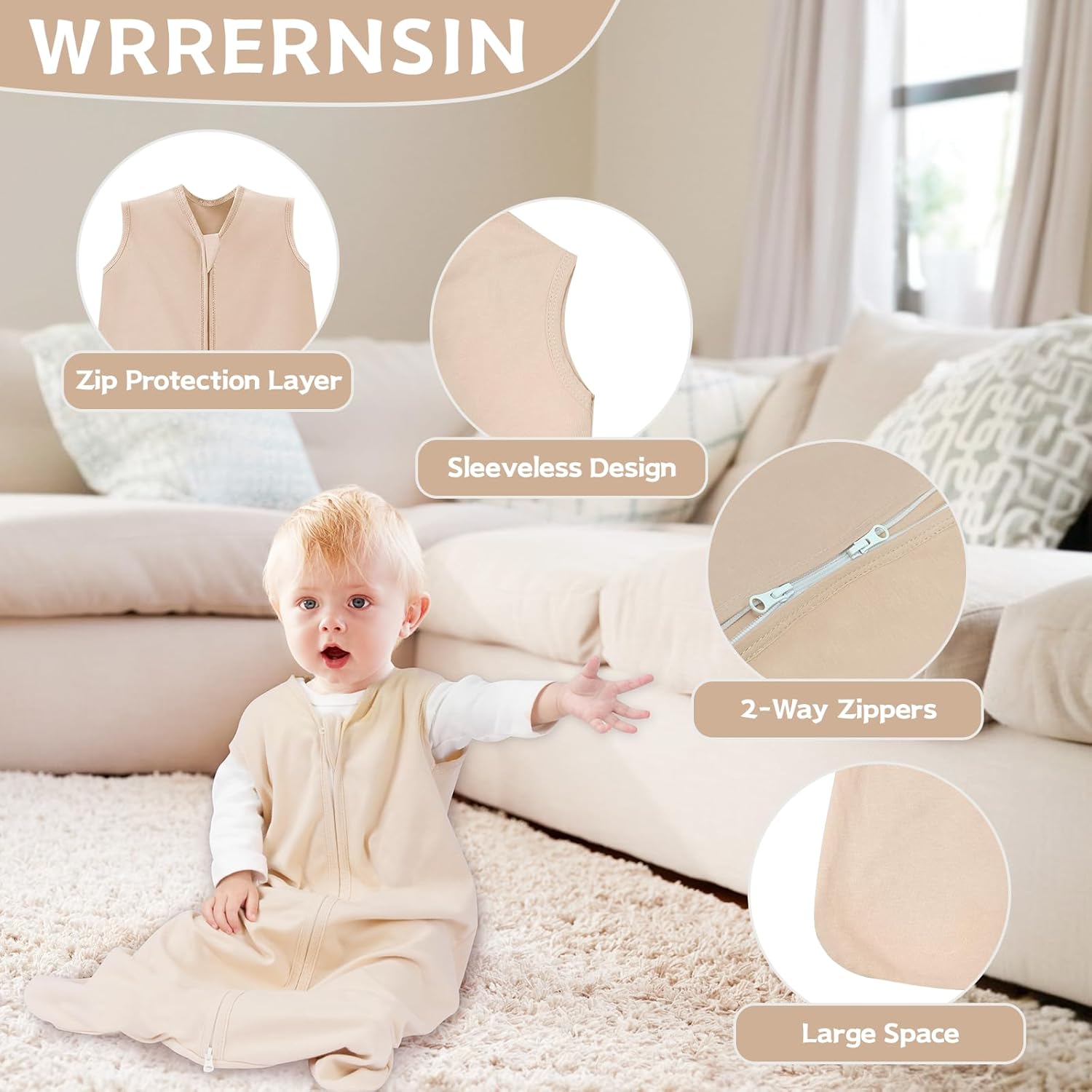 Wrrernsin 0-6 Months Sleep Sack 3 Pack 2-Way Zipper Cotton