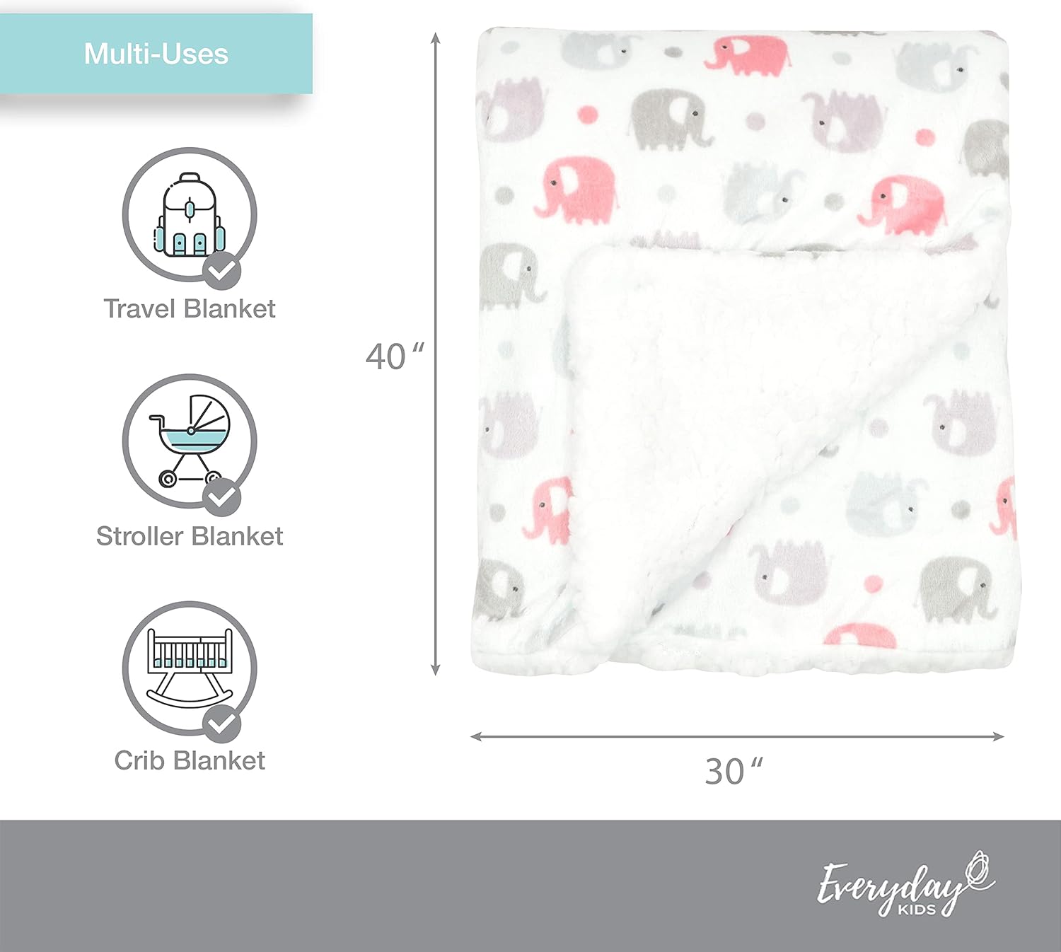 EVERYDAY KIDS Elephant Minky Baby Blanket 30x40