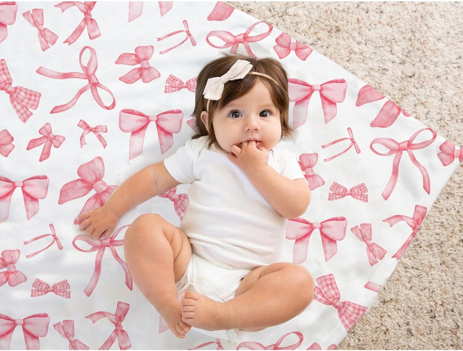 Pink Bow Baby Blanket for Girls 30x40 Inches Soft Minky Double Layer