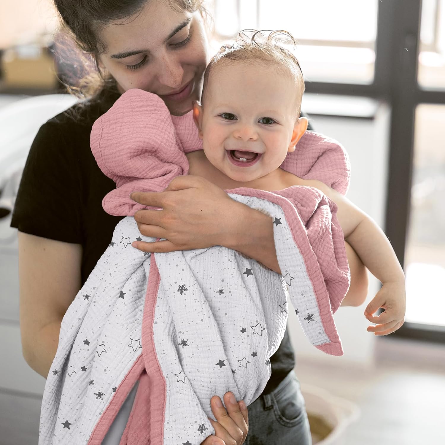 Lulumoon Muslin Baby Blanket - Reversible Cotton Quilt for Toddlers Pink Star