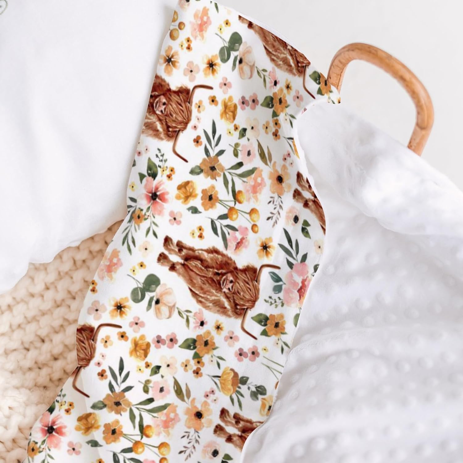 Highland Cow Floral Mink Baby Blanket 30x40