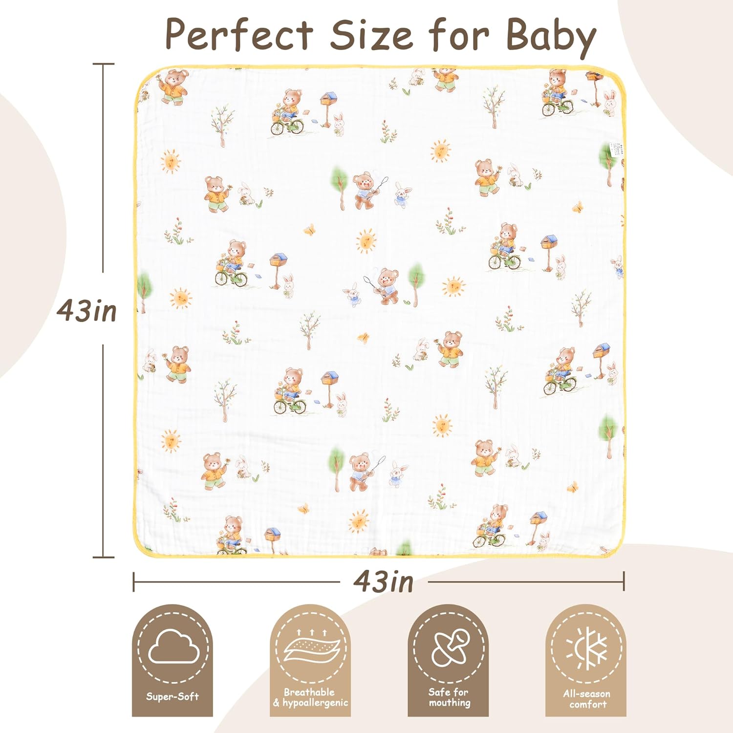 ROSE FEATHER 6-Layer Muslin Baby Blanket with Bear Print