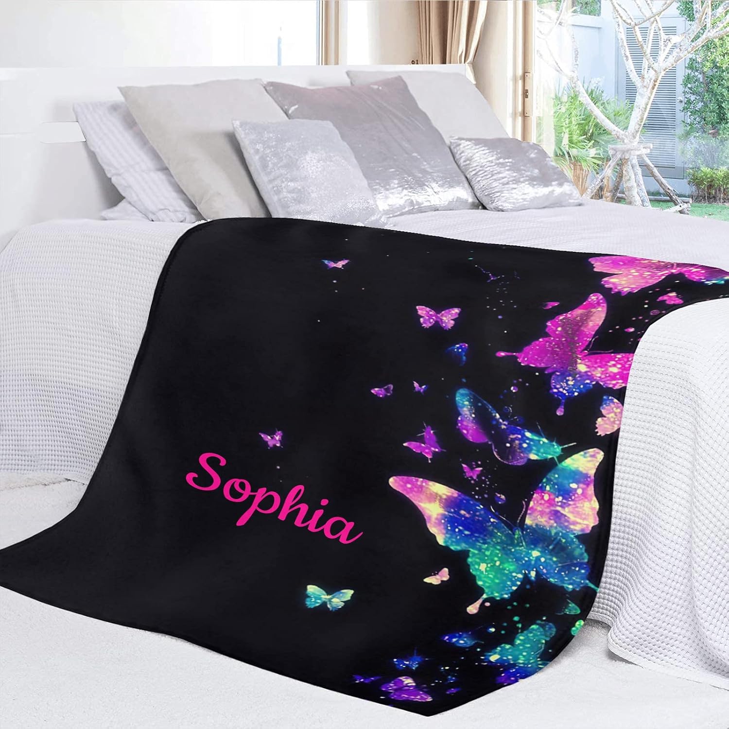 XOZOTY Butterflies Baby Blanket - Personalized Name Fleece Swaddling Throw