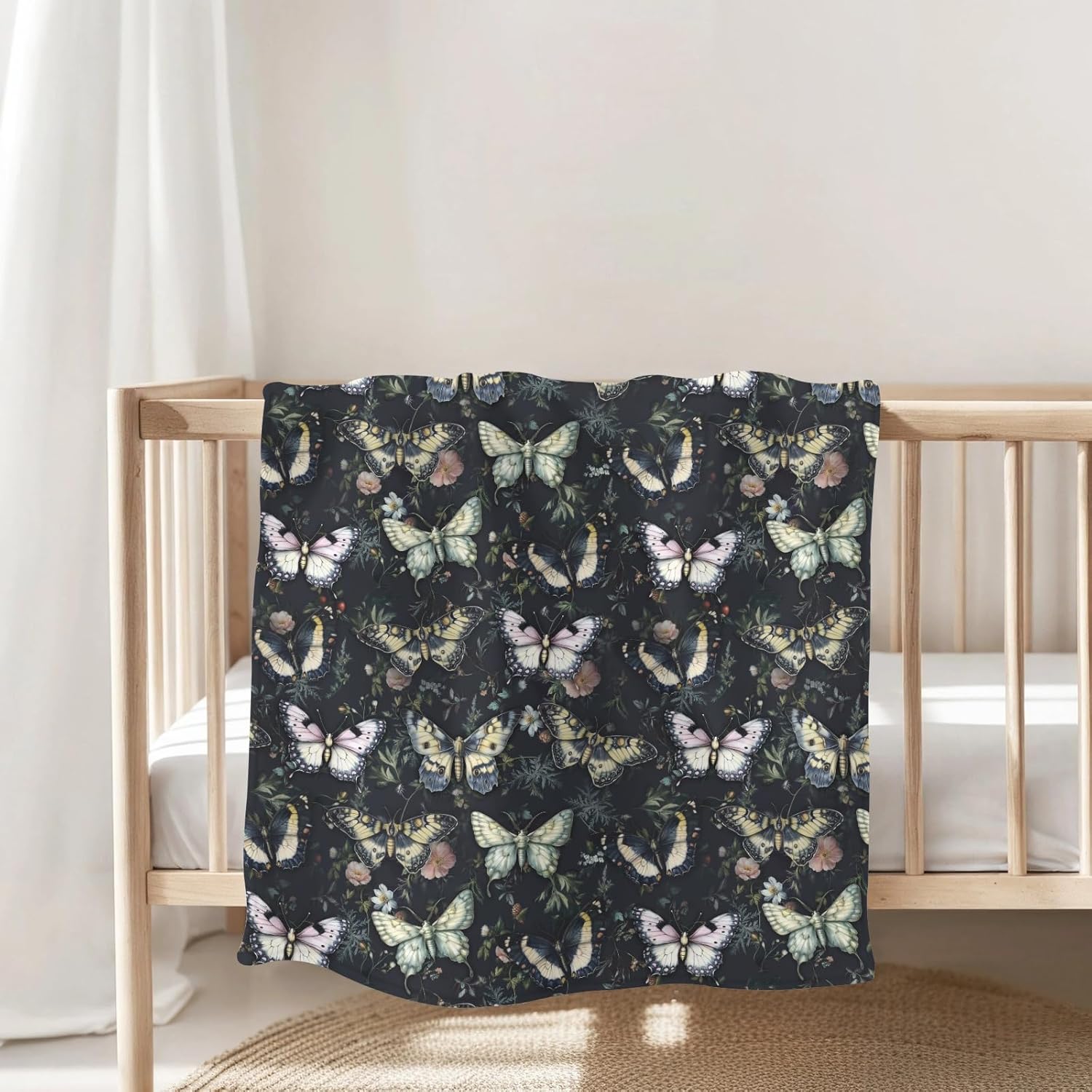 Gothic Moth Black Floral Baby Blanket 30x40