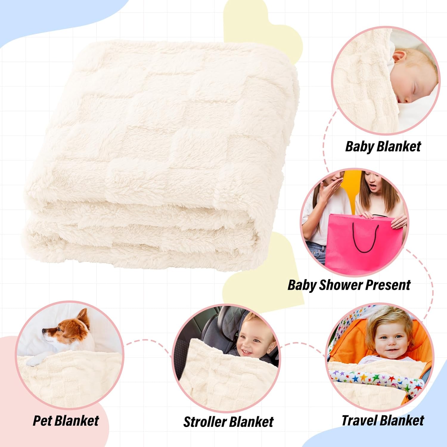 VEIDIA Plush Checkered Baby Blanket 30x39 Beige