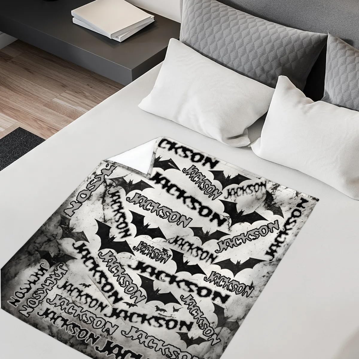 Personalized Halloween Baby Blanket with Name and Black Fog Bat Design
