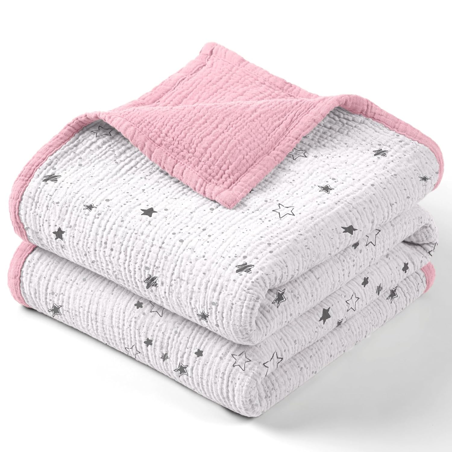 Lulumoon Muslin Baby Blanket - Reversible Cotton Quilt for Toddlers Pink Star
