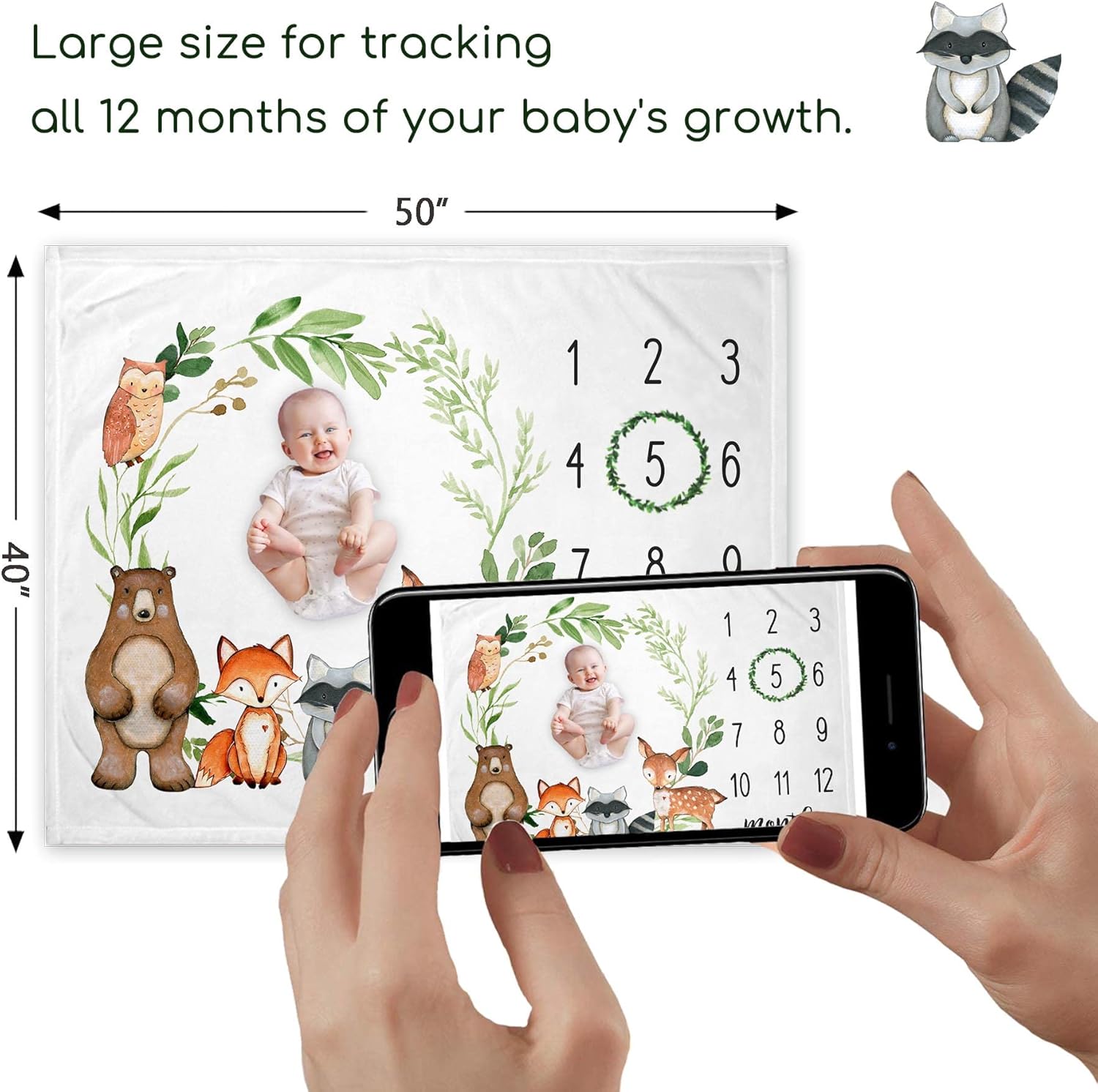 Yuzioey Baby Milestone Blanket - Woodland Forest Animals Growth Tracker 50x40 Inches