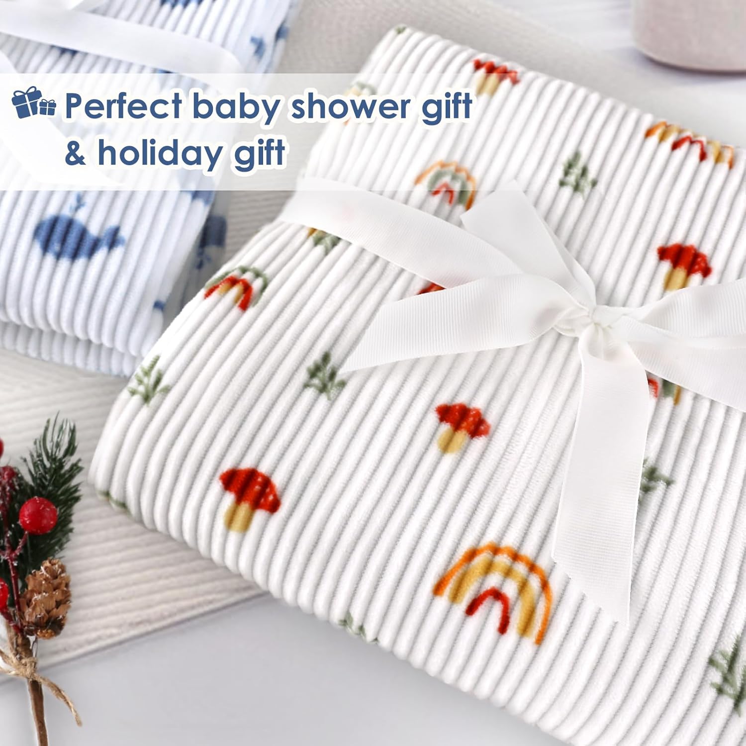 BORITAR Baby Blankets with Blue Whale Pattern and Double Dotted Fleece Backing