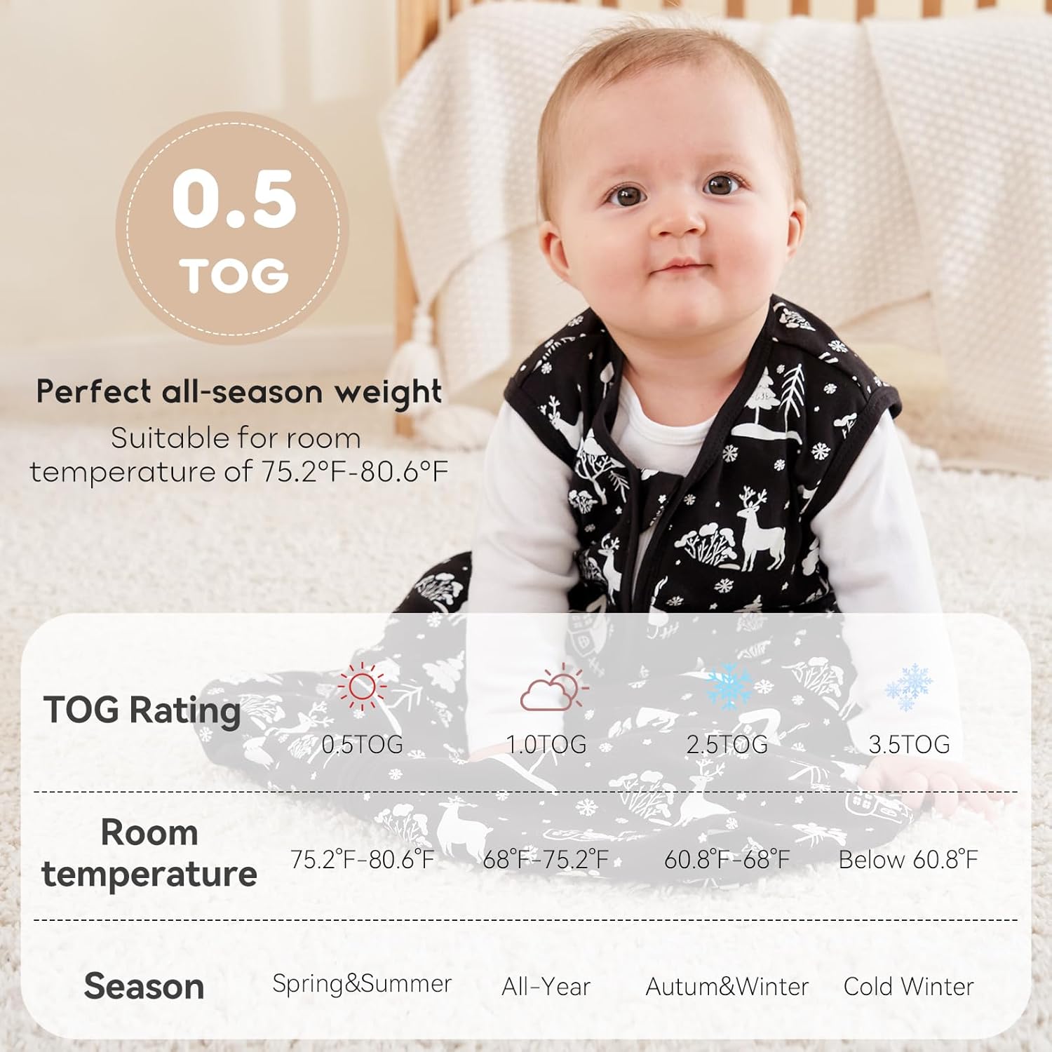 Yoofoss 0-6 Months Organic Cotton Sleep Sack 2-Way Zipper 05 TOG