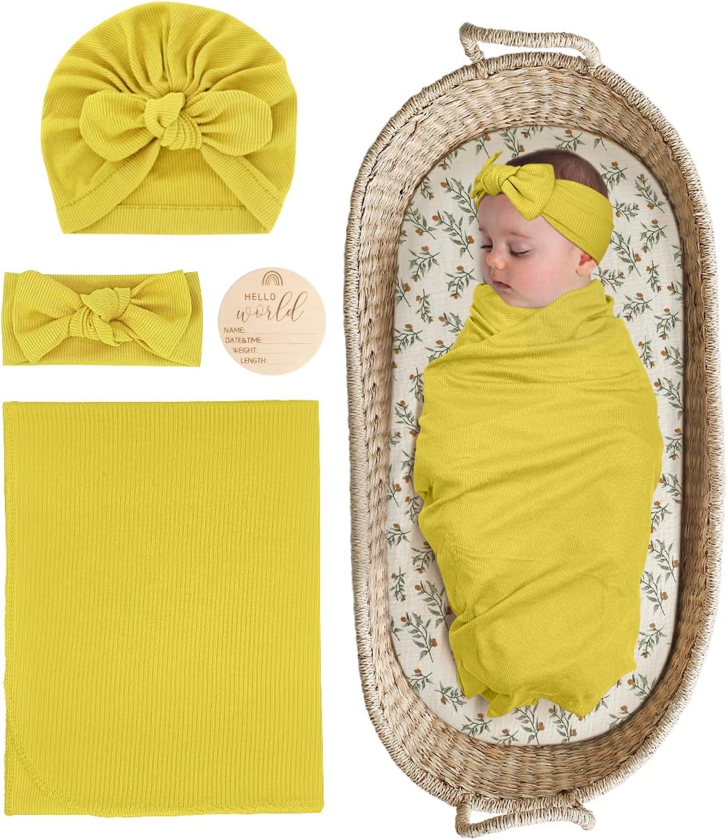 ZURLEFY Stretchy Baby Swaddle Blanket with Headband and Hat Set