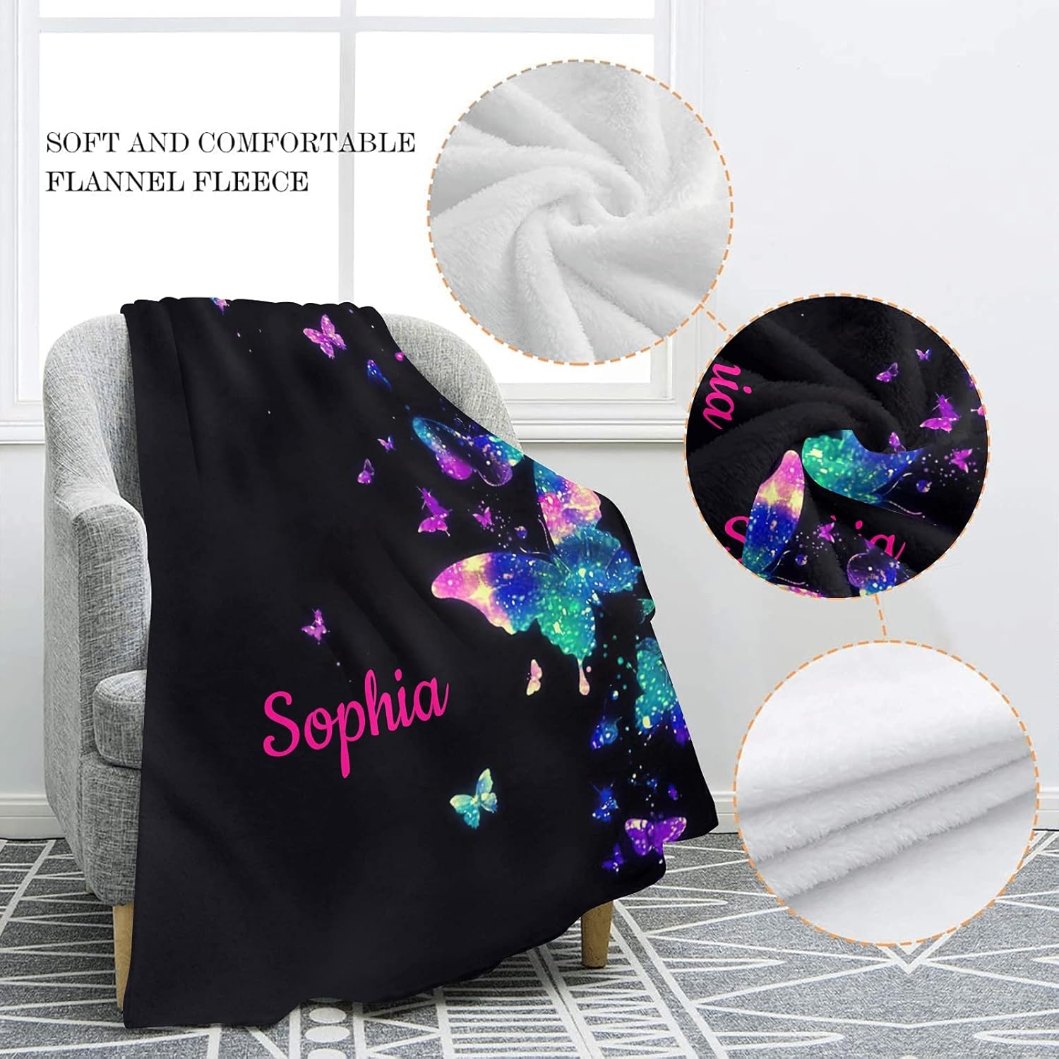XOZOTY Butterflies Baby Blanket - Personalized Name Fleece Swaddling Throw