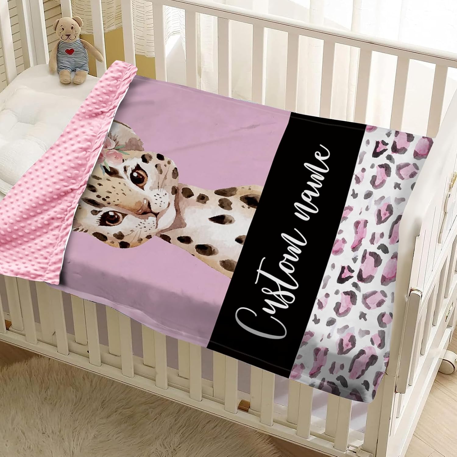 YISMEET Customized Baby Blanket with Name and Pink Leopard Design