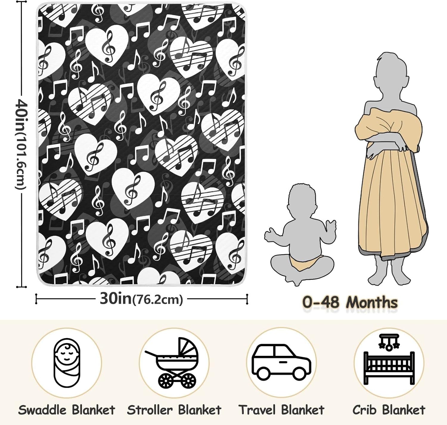 Love Music Notes Baby Blanket 30x40in Crib Stroller Blanket