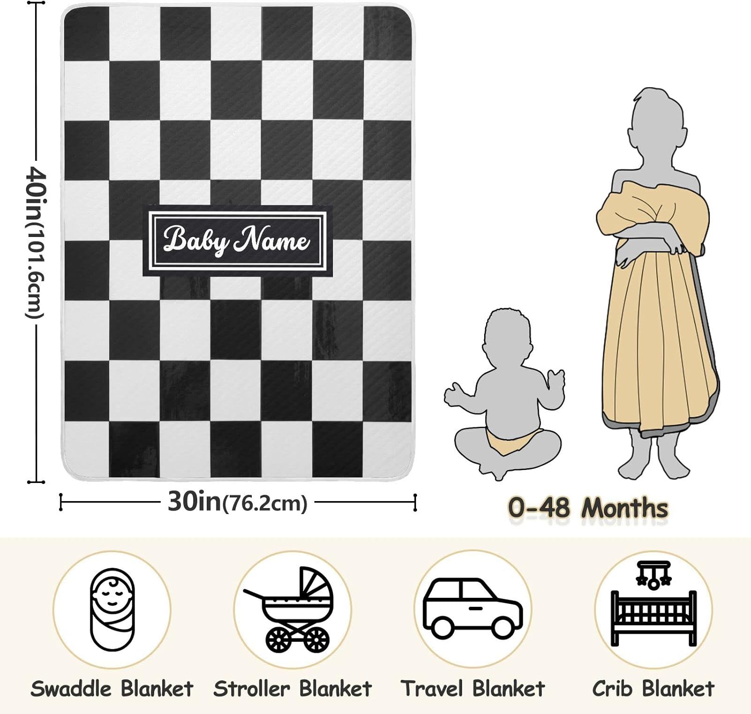 Pigsaly Custom Name Baby Blanket 30x40 Black White Buffalo Check Plaid