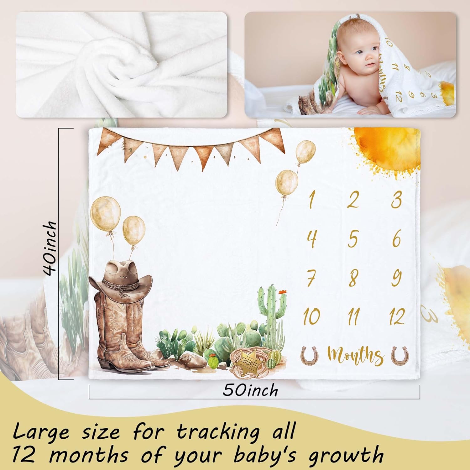 Western Milestone Blanket Baby Boy with Wooden Frame
