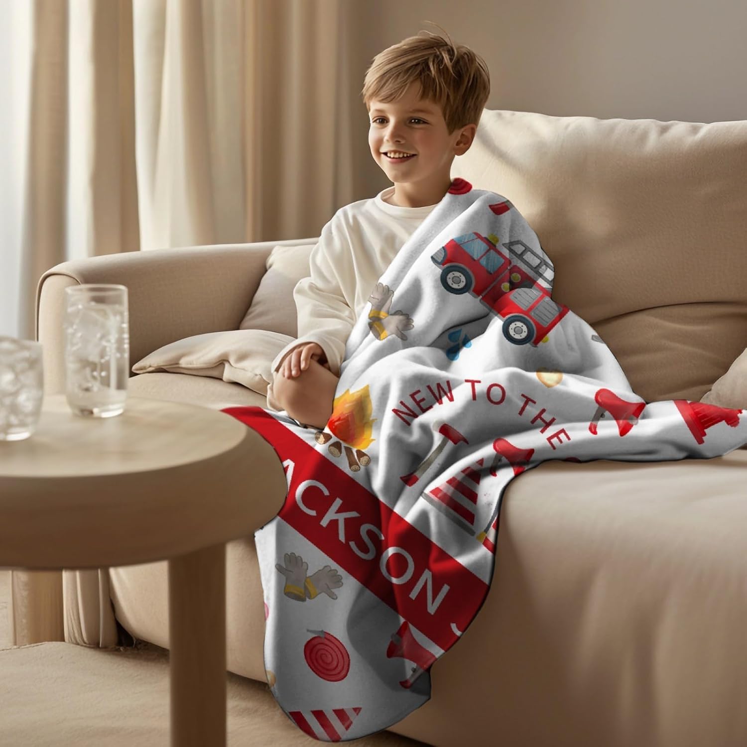 MATCHASTAR Fire Truck Personalized Fleece Throw Blanket for Kids