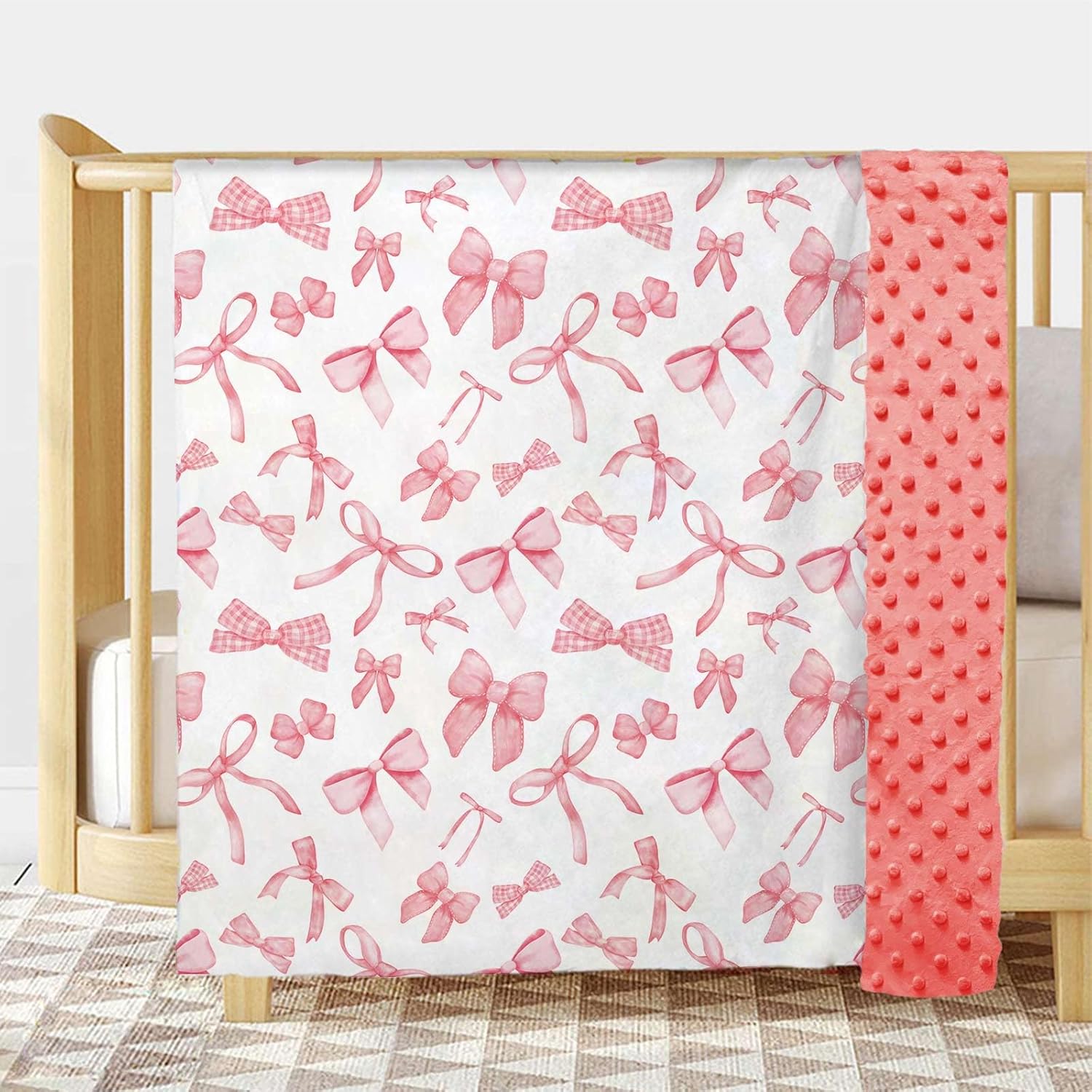 Pink Bow Baby Blanket for Girls 30x40 Inches Soft Minky Double Layer