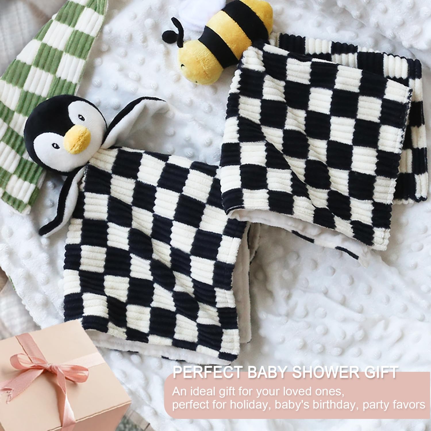 BEILIMU Baby Lovey Blanket Penguin 14 Inch Soft Checkerboard
