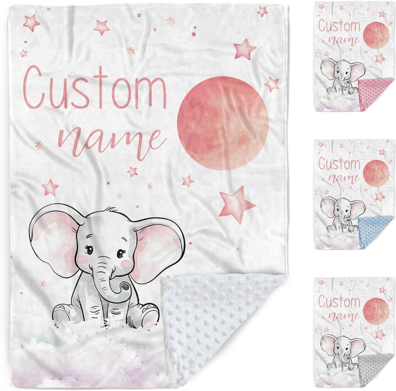 Personalized Baby Blanket with Name Pink Elephant Double Layer Dotted Swaddle