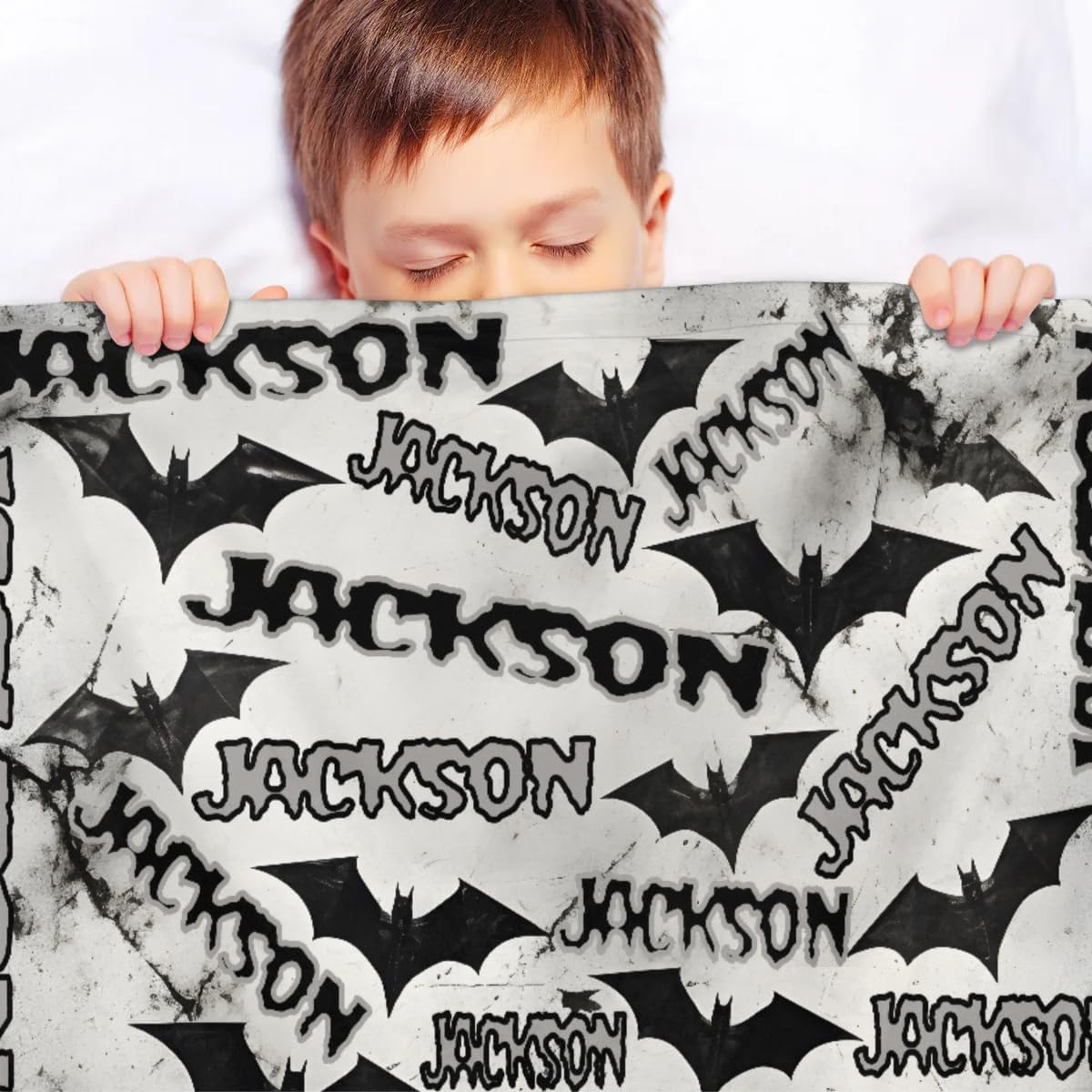 Personalized Halloween Baby Blanket with Name and Black Fog Bat Design