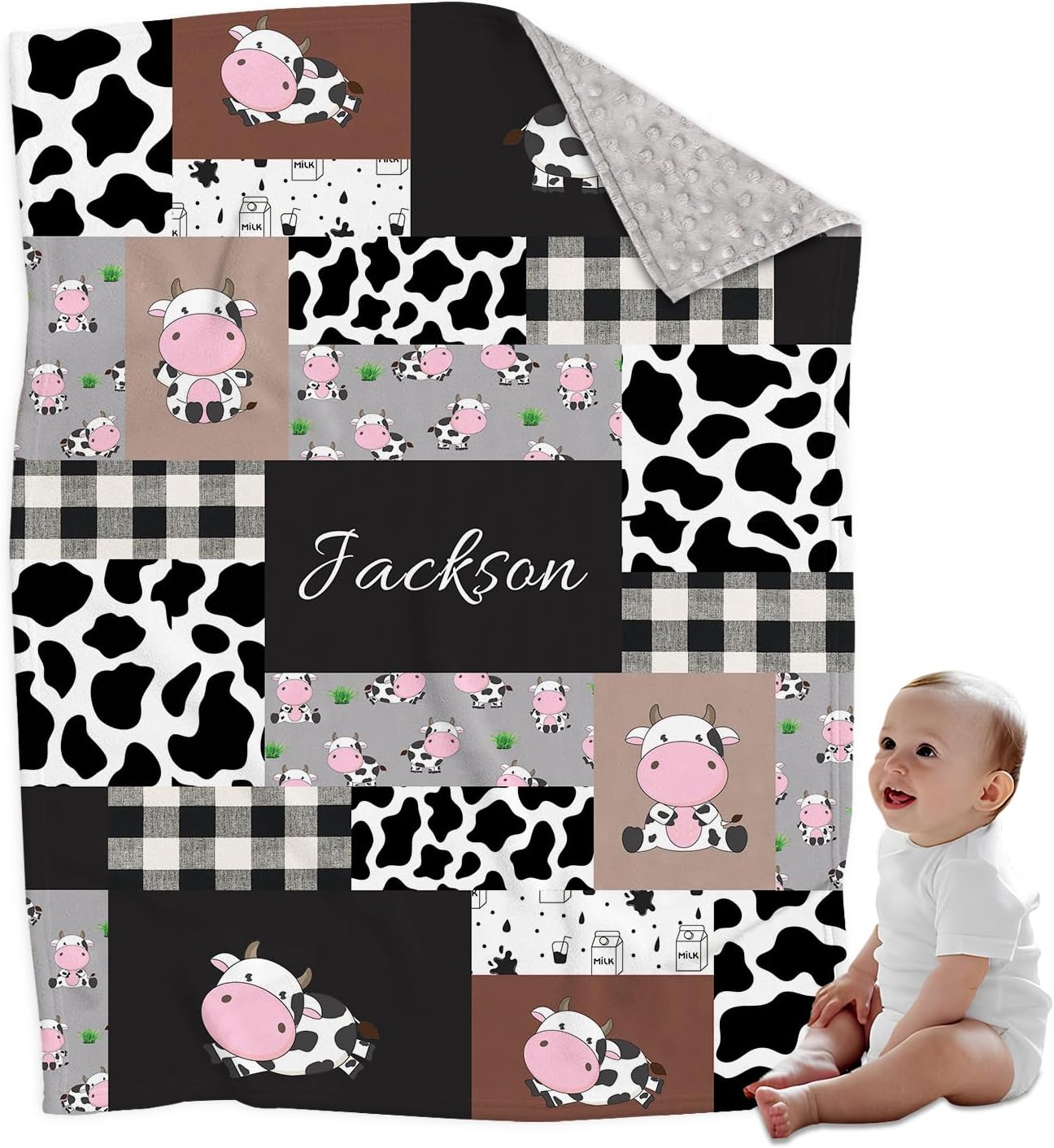 Personalized Cow Print Baby Blanket with Name