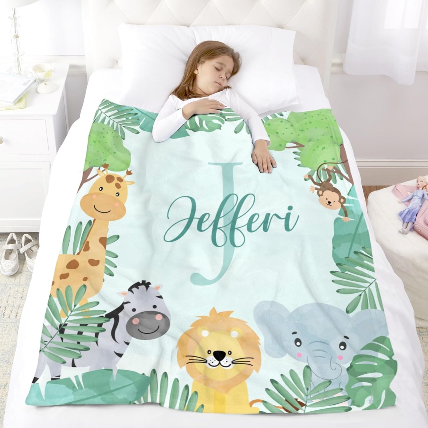 Personalized Baby Blanket with Name Green Safari Animal Design