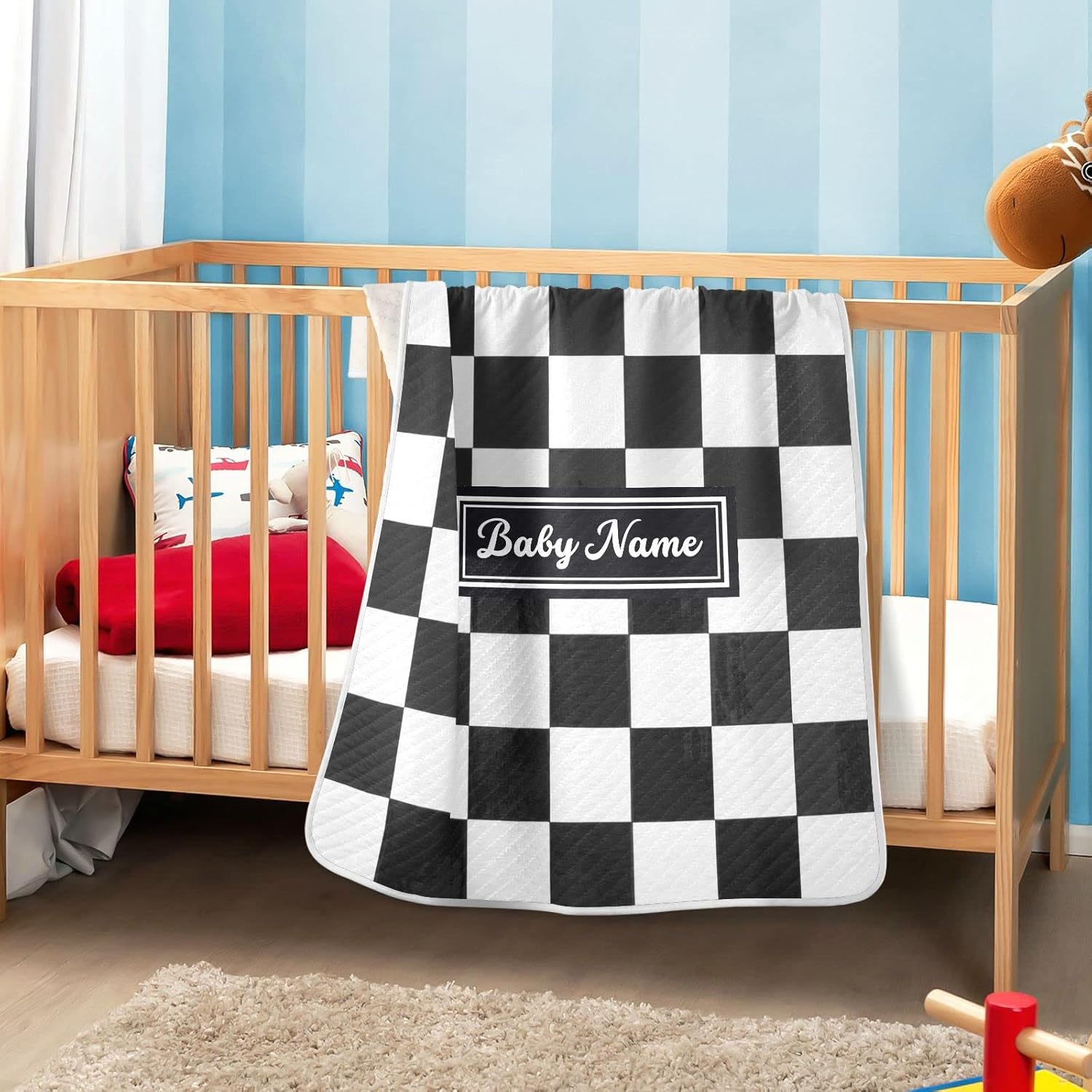 Pigsaly Custom Name Baby Blanket 30x40 Black White Buffalo Check Plaid