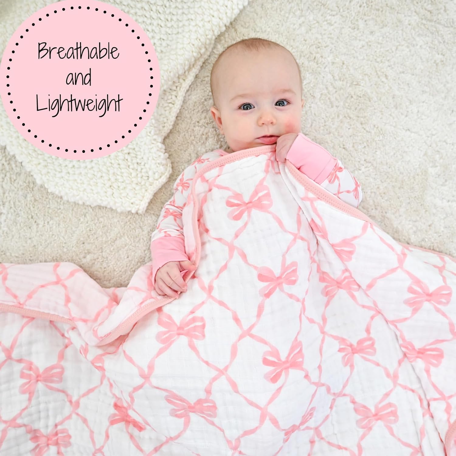 LollyBanks Pink Bow Muslin Blanket 47x47 6 Layers