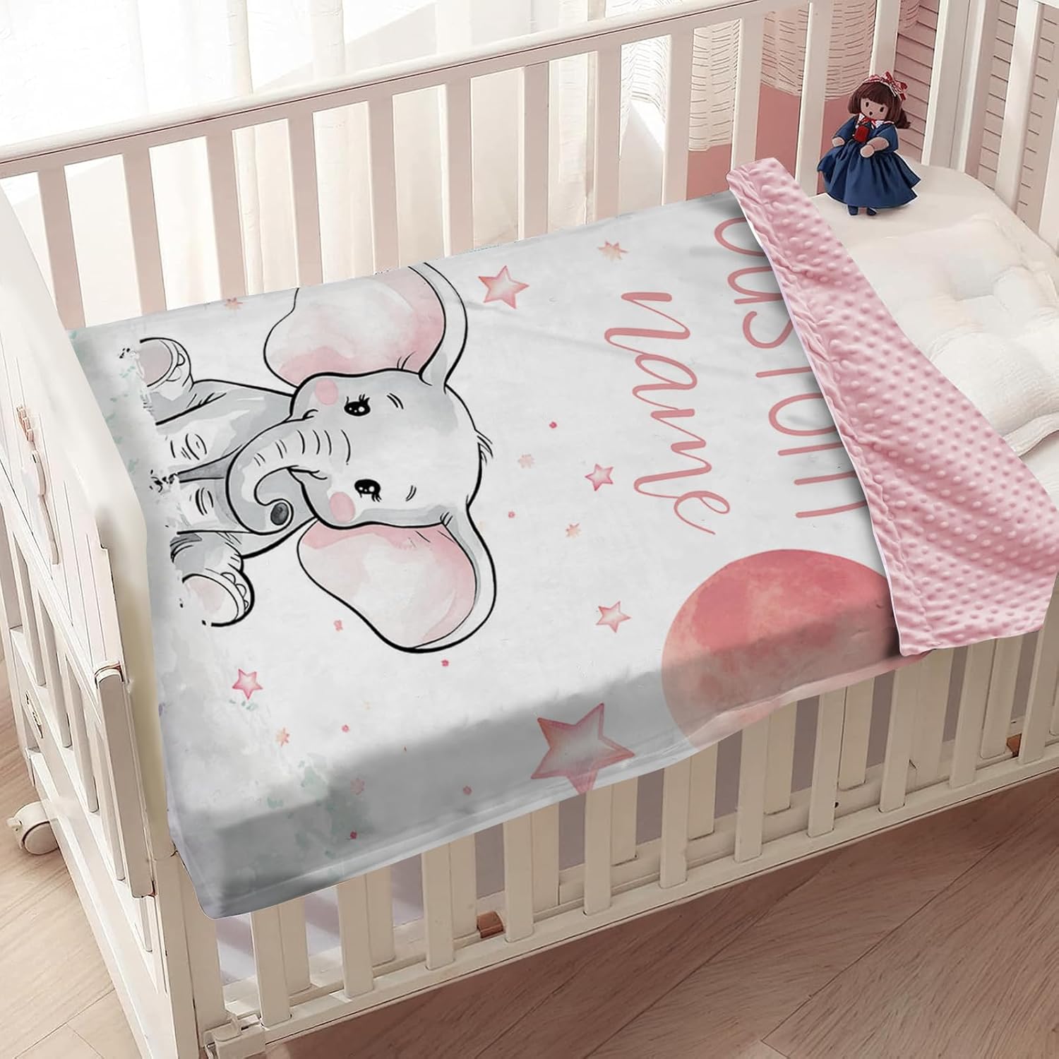 Personalized Baby Blanket with Name Pink Elephant Double Layer Dotted Swaddle