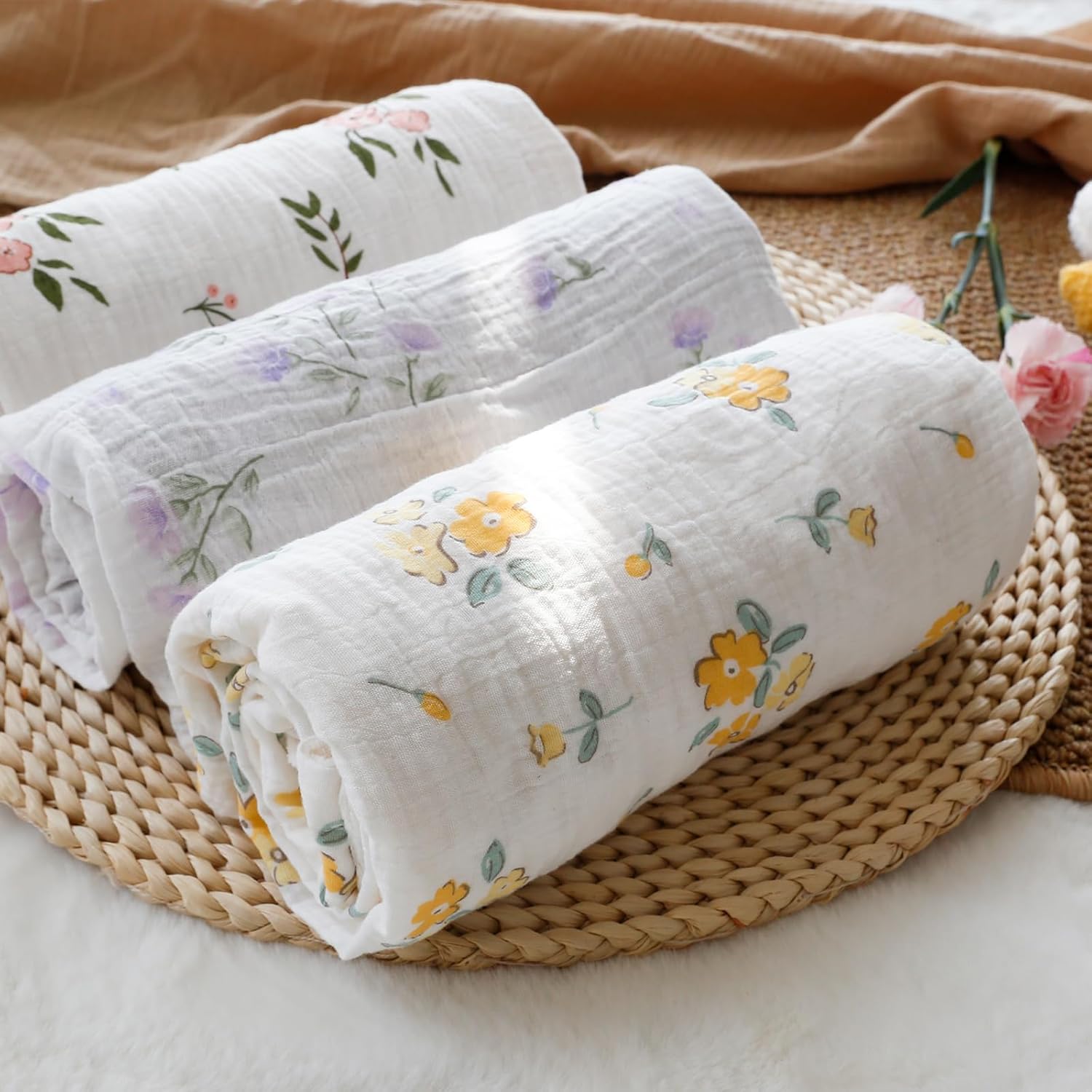 BOPRIO Pink Floral Muslin Baby Blanket 30x40