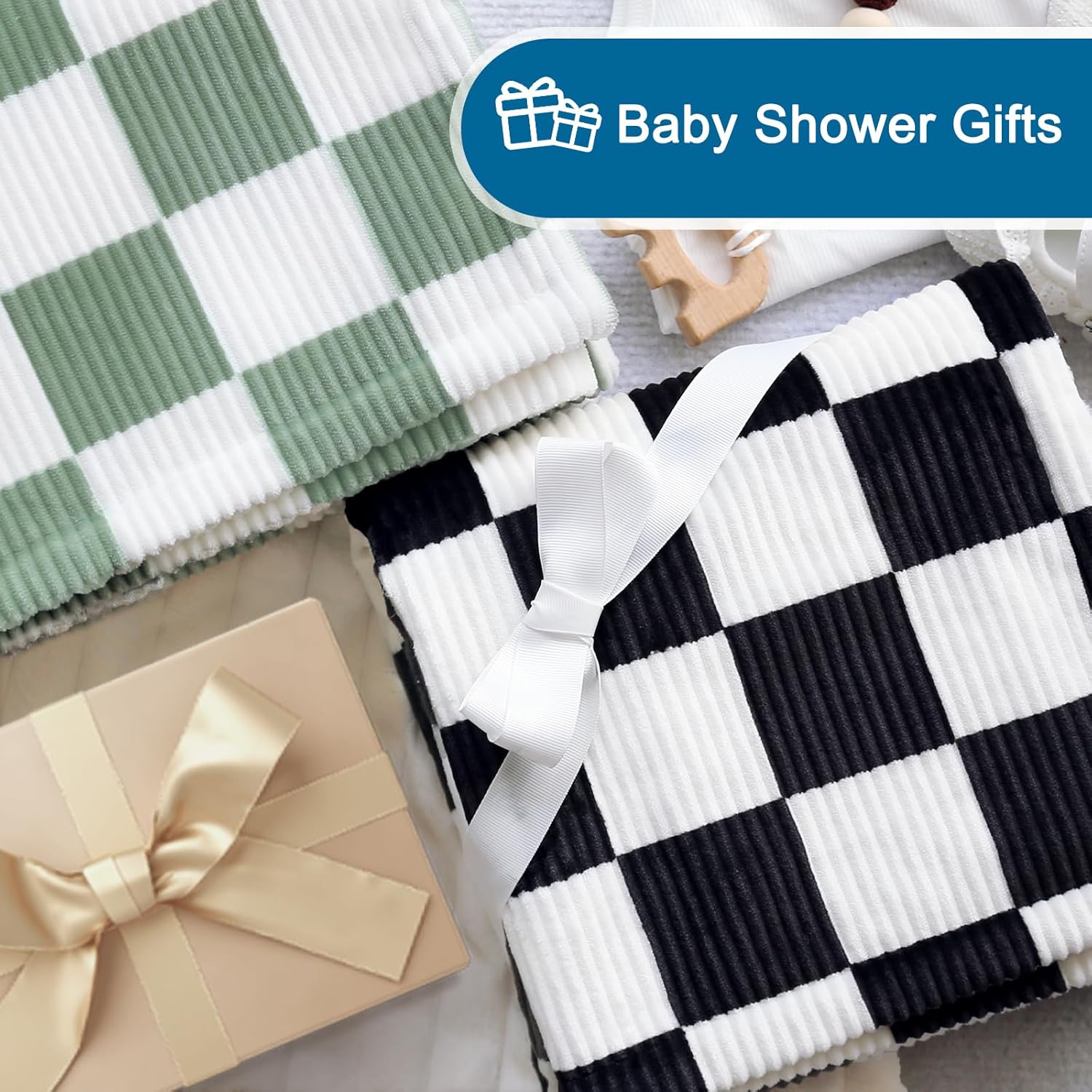 HOMRITAR Reversible Corduroy Baby Blanket Checkered