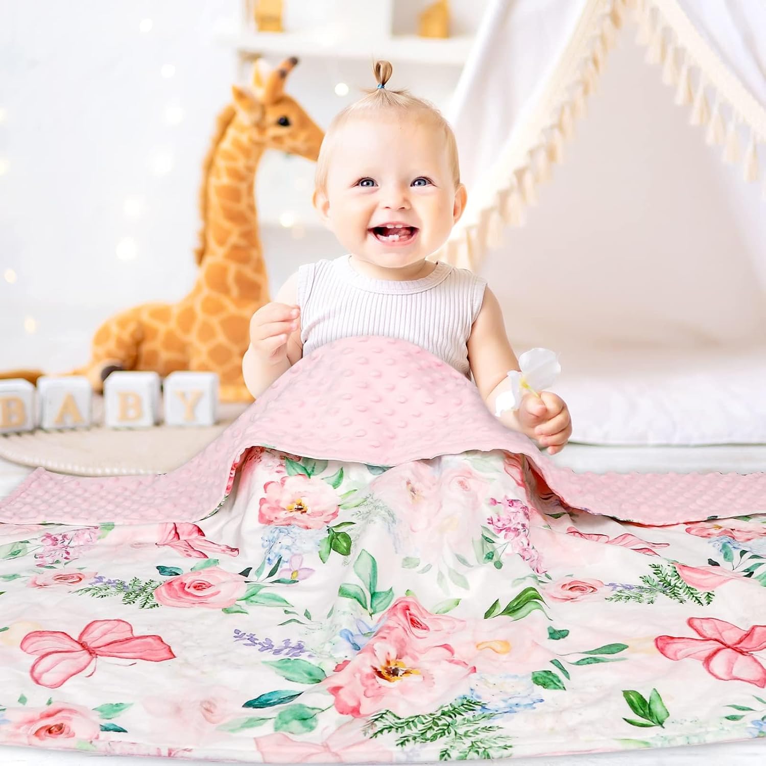CARUILI Baby Blanket 30x40 Inches Minky Double Layer Pink Floral