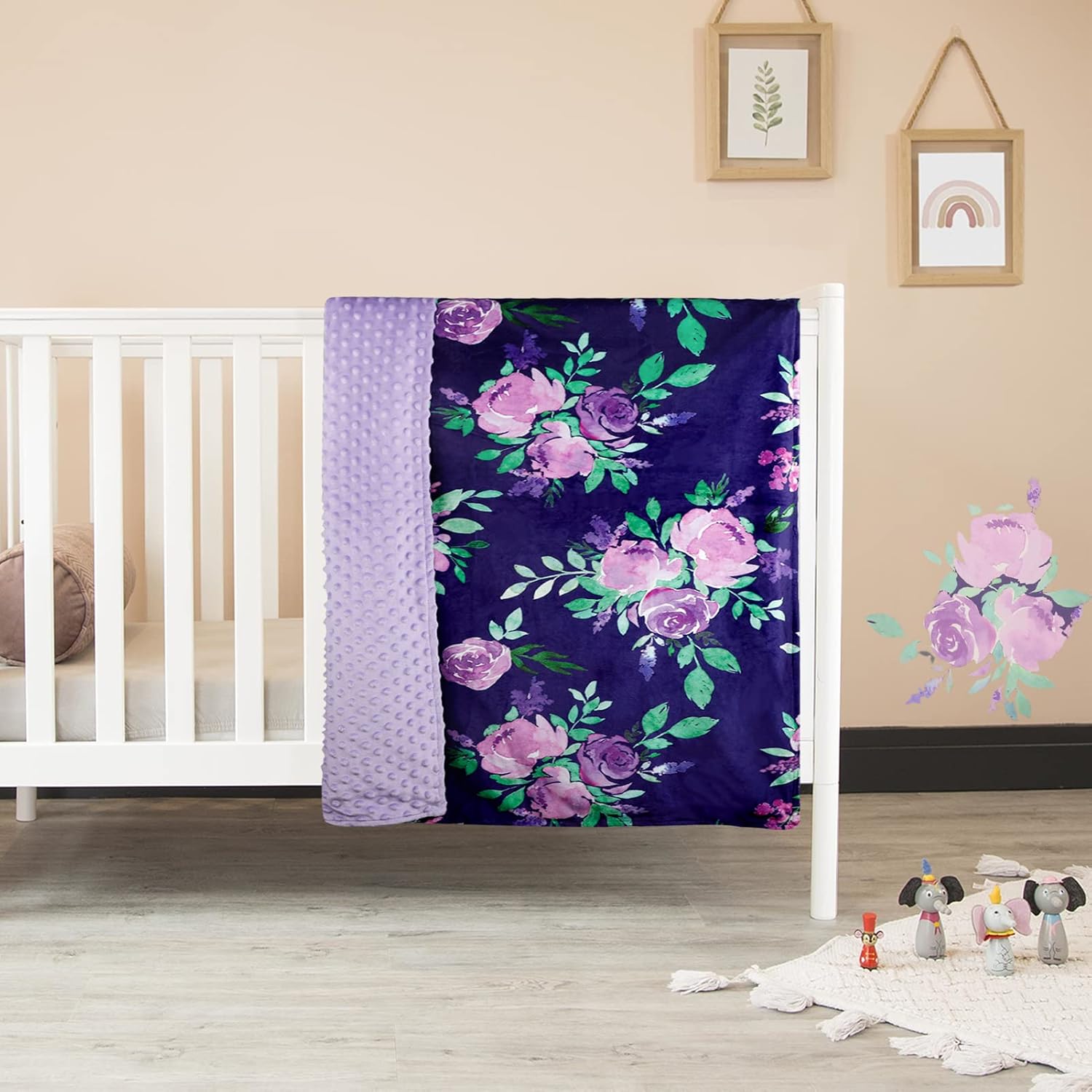 TANOFAR Minky Baby Blanket with Dotted Backing Purple Floral 30x40 Inch 1