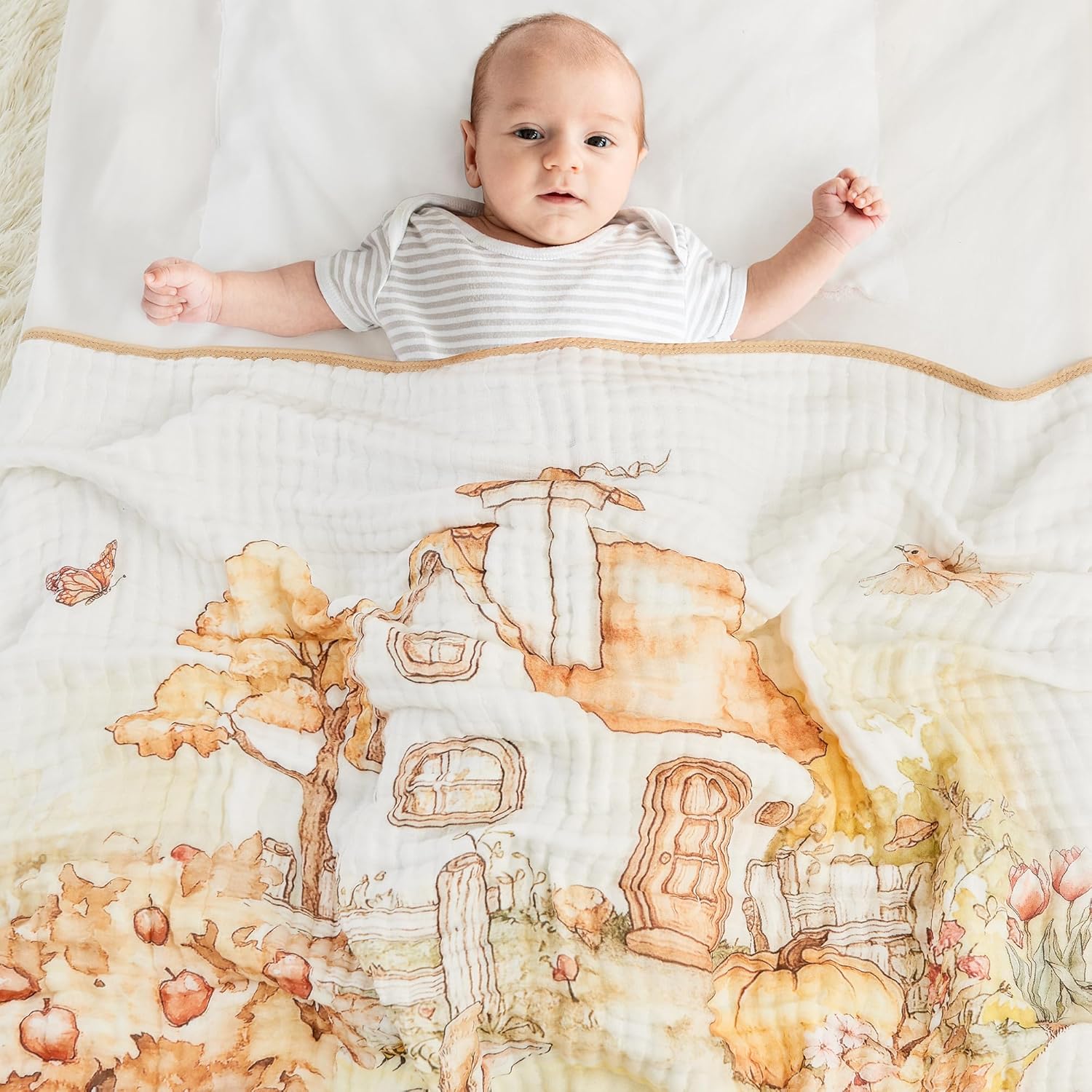 ROSE FEATHER 6-Layer Muslin Baby Blanket with Rabbit Print