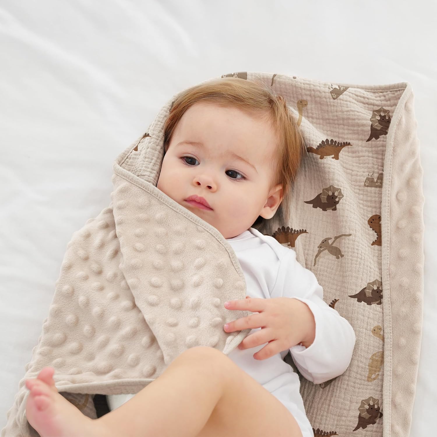 Susurration Baby Blanket Dinosaur Soft Minky with Muslin Cotton and Dotted Fleece Back