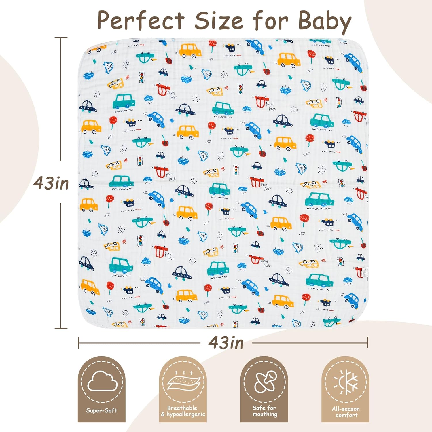 ROSE FEATHER 6-Layer Muslin Baby Blanket Cozy Swaddle 43x43 Inch