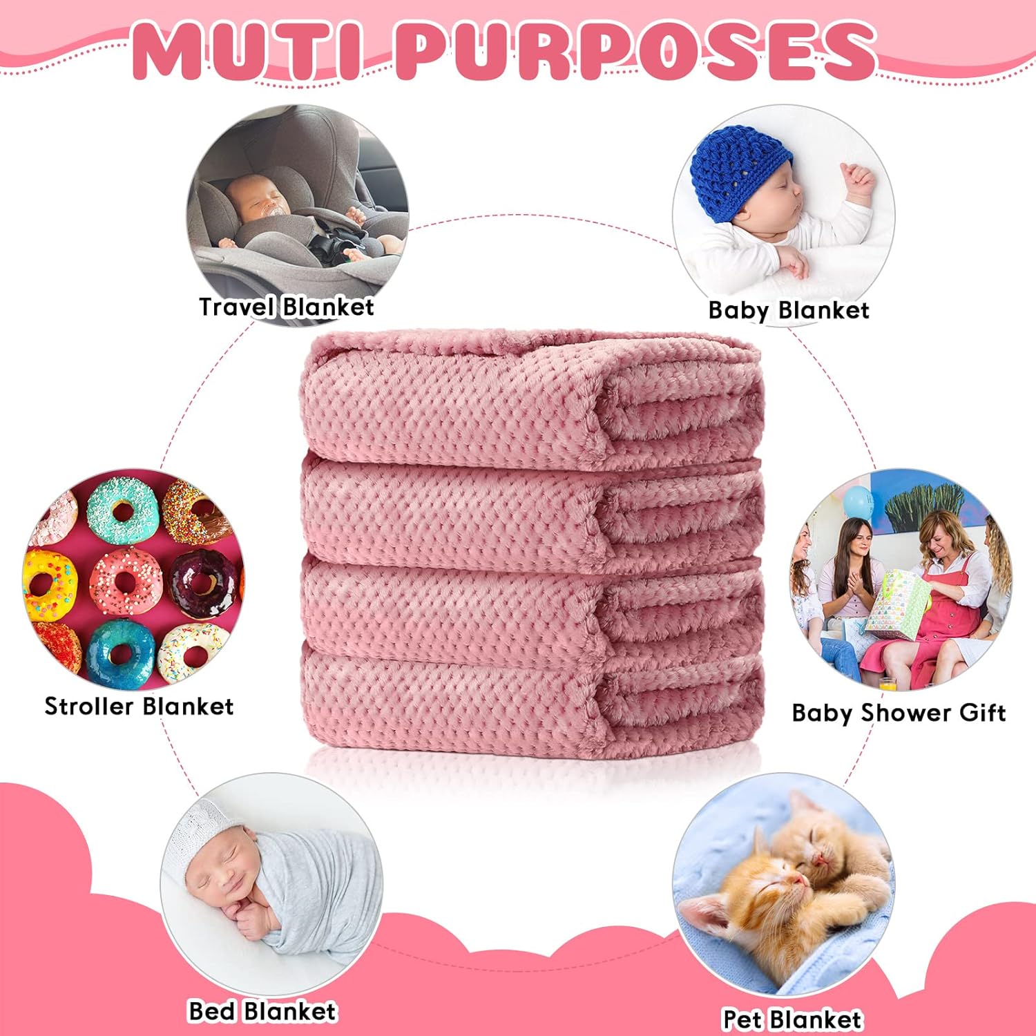 Reginary Fuzzy Blanket 4 Pack Pink Waffle Flannel 1
