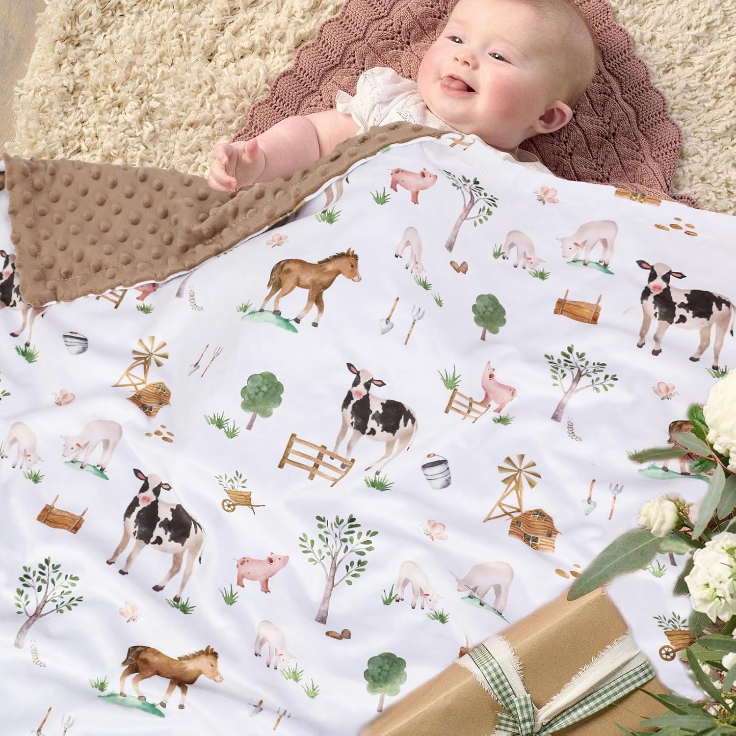 BOPRIO Baby Blanket with Farm Animals Design 30x40 Inch