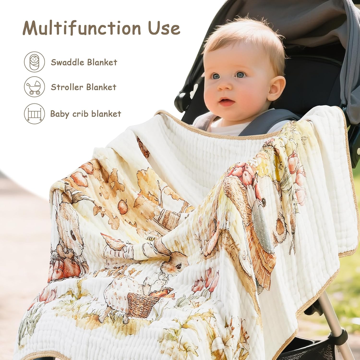 ROSE FEATHER 6-Layer Muslin Baby Blanket with Rabbit Print