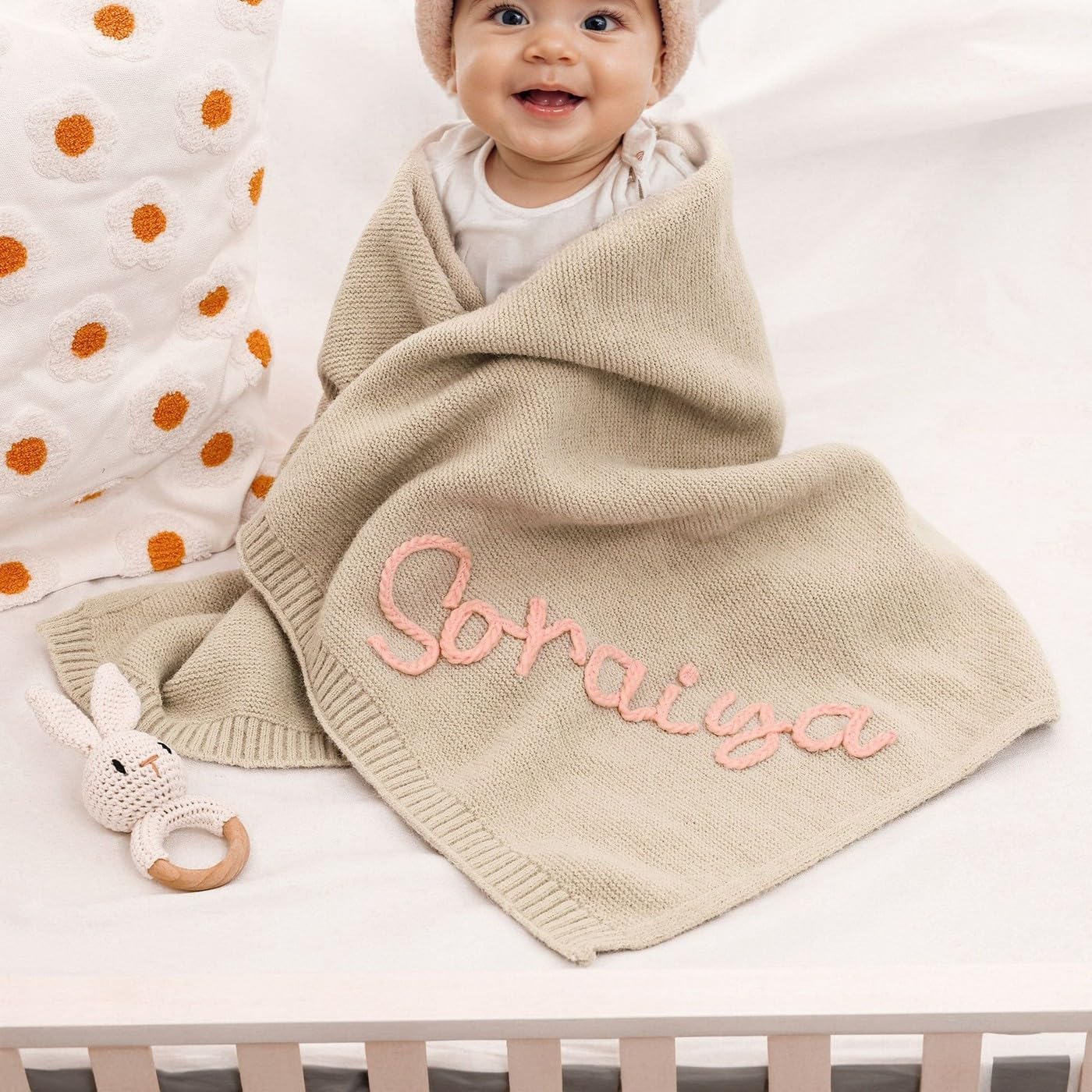 Personalized Baby Blanket with Name 30x40in Chunky Knit Nursery Blanket