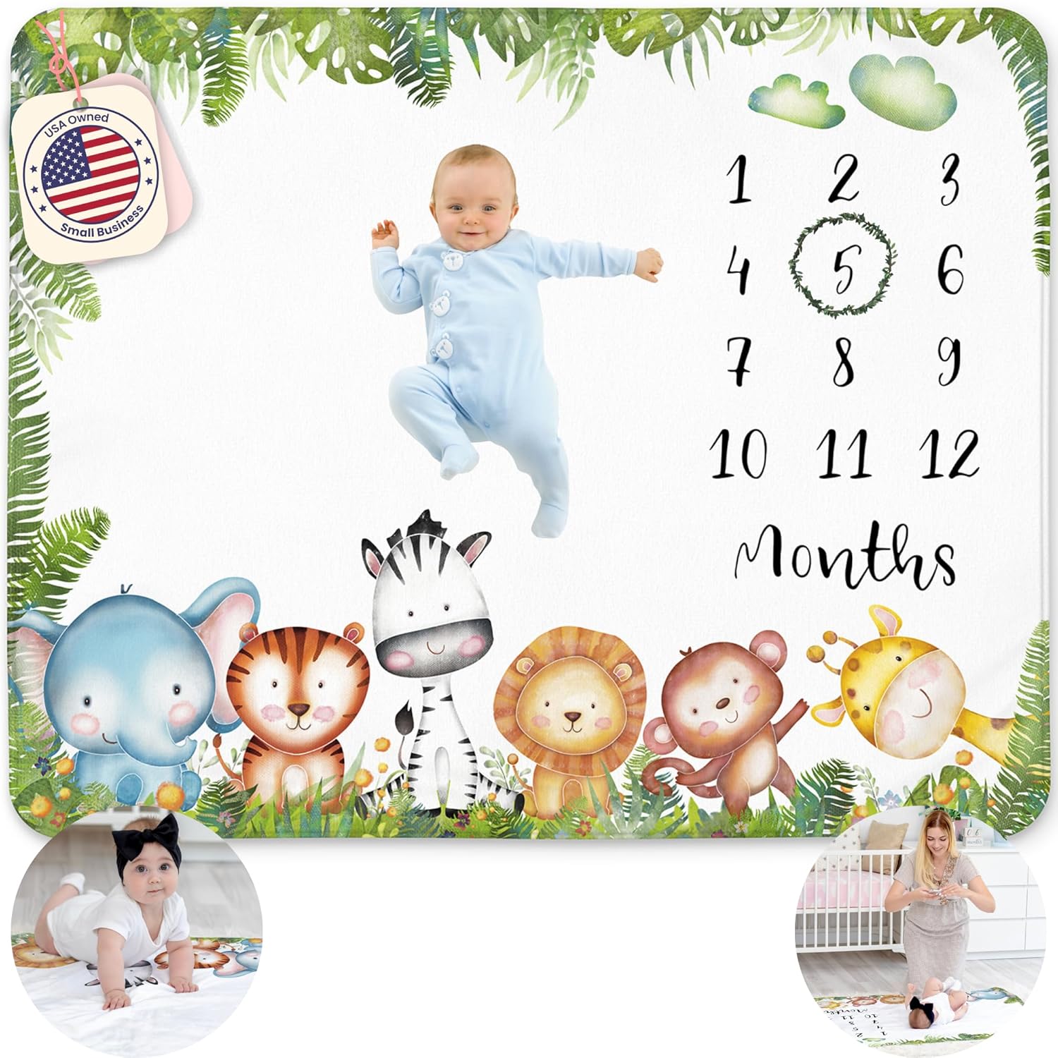 Safari Milestone Blanket for Boy Jungle Animals Theme Monthly Tracker with Wreath