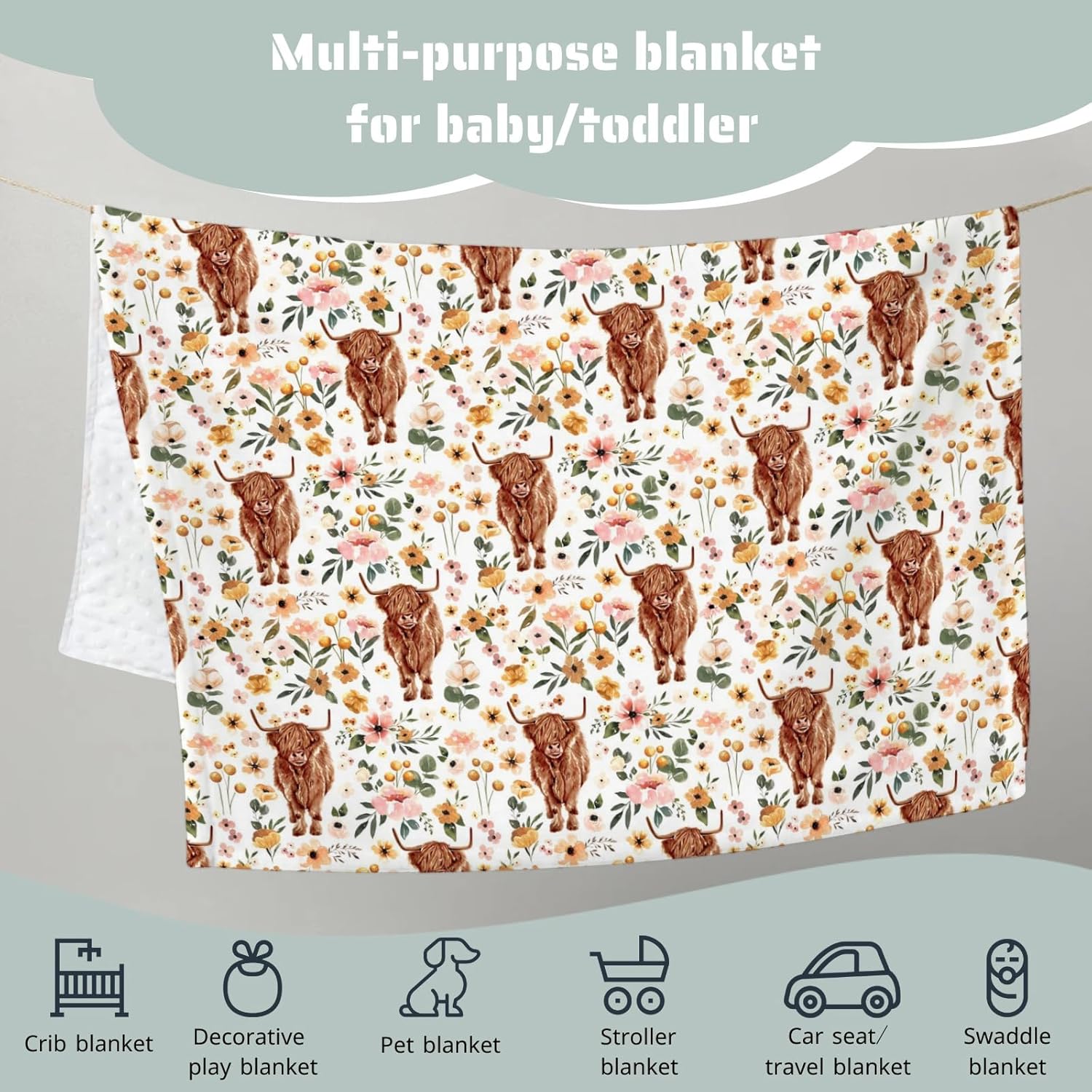 Highland Cow Floral Mink Baby Blanket 30x40