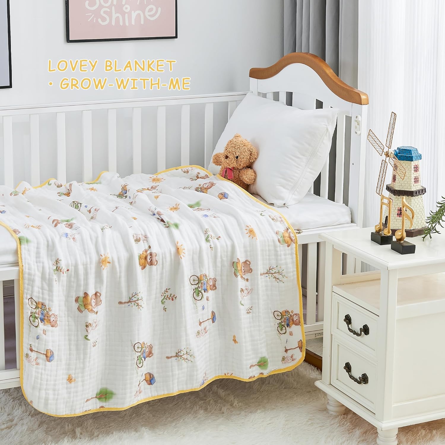 ROSE FEATHER 6-Layer Muslin Baby Blanket with Bear Print